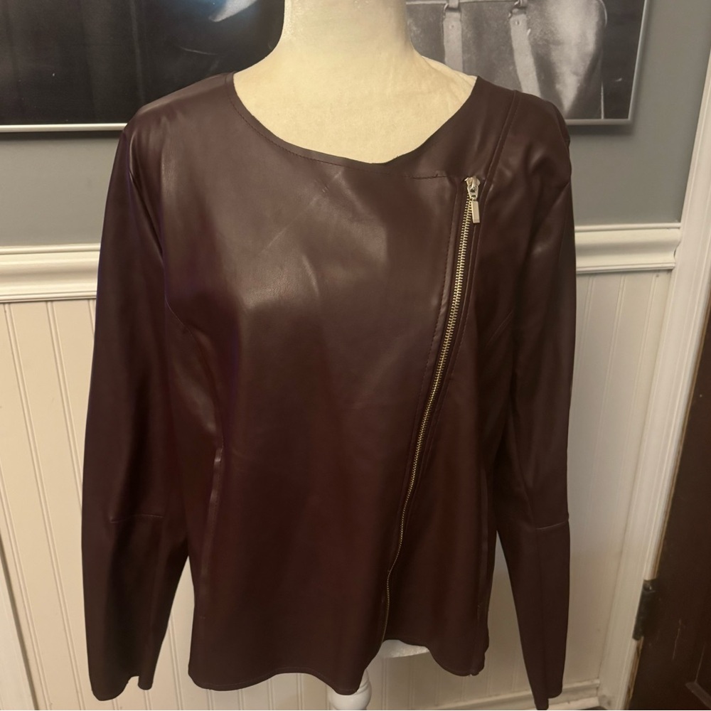 Worthington Maroon Faux Leather Asymmetrical Full Zip Moto Jacket Size XL NWT